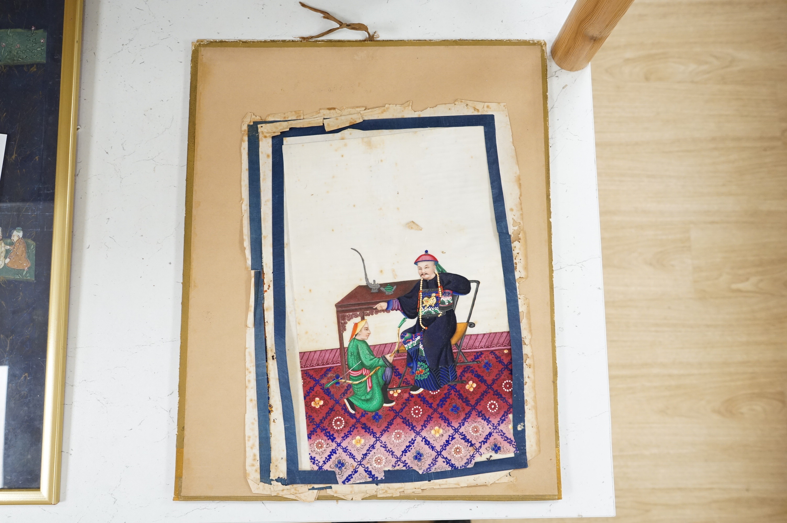 Late 19th century, Chinese School, Interior scenes with figures, pair of pith paper paintings, unframed, 35 x 21cm